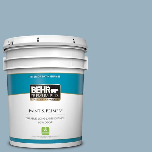 BEHR PREMIUM PLUS 5 gal. #ECC-32-1 Cloudless Day Satin Enamel Low Odor Interior Paint & Primer