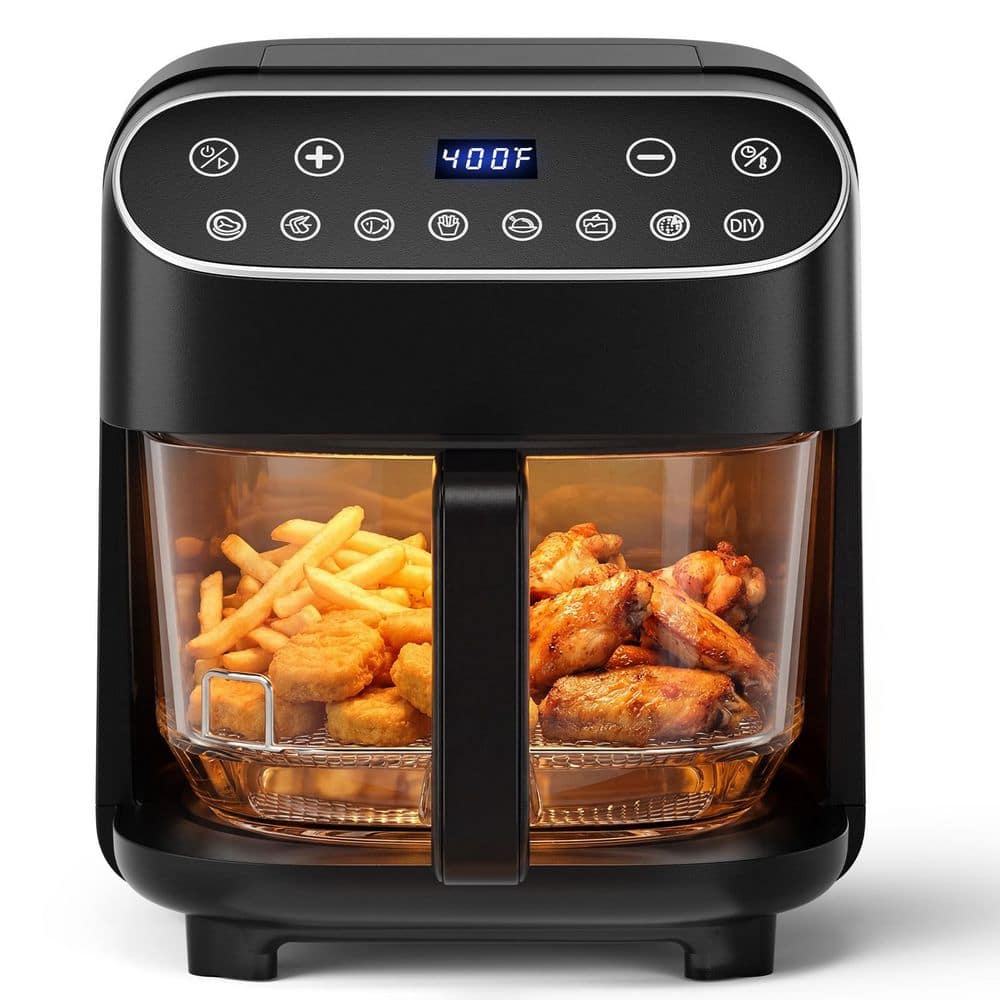 Electactic 1500-Watt 4. 5 qt. Portable Air Fryer with Viewing Glass Featuring Touch and Digital Display 8 Preset Functions in Black