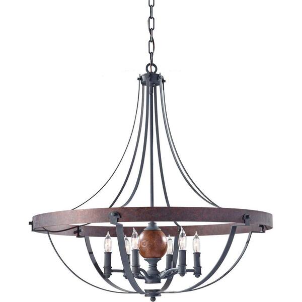 Generation Lighting Alston 30.5 in. W 6-Light Weathered Charcoal Brick/Antique Forged Iron Rustic Chandelier with Faux Wood Detail