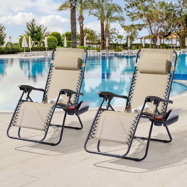JOYESERY Beige Zero Gravity Folding Chair Patio Recliner with Adjustable Headrest And Side Tray(Set of 2 Chairs)
