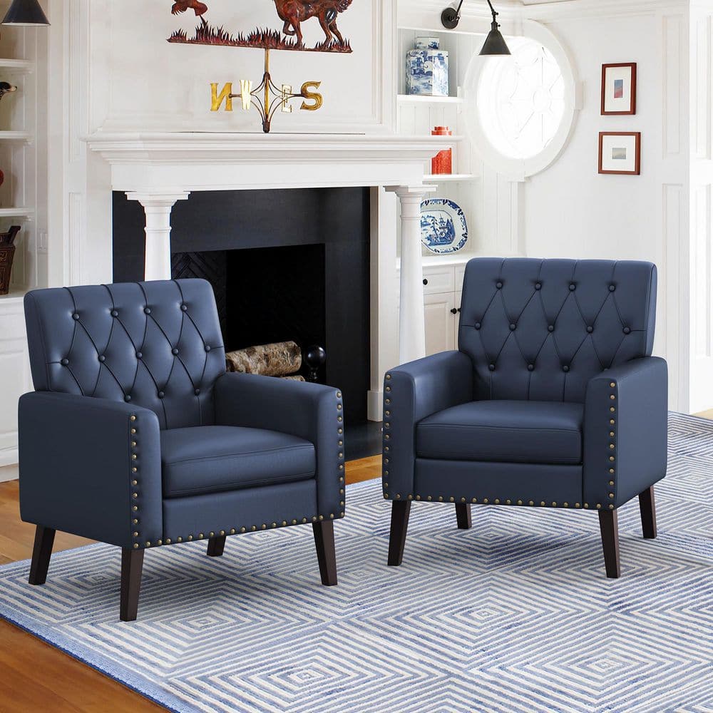 LUE BONA Navy Blue and Walnut Faux Leather Mid Century Modern