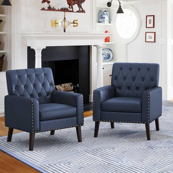 Navy Blue and Walnut Faux Leather Mid Century Modern Button Tufted Accent Chair with Wood Legs (Set of 2)