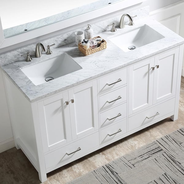 FAMYYT 60 in. W x 22 in. D x 39.8 in . H Freestanding Bath Vanity in White with White Carrara Marble Top with Sink