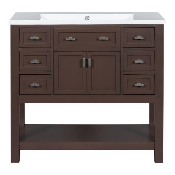Unbranded 35.20 in. W x 17.70 in. D x 33.10 in. H Bath Vanity Cabinet without Top in Brown 2 Soft Closing Doors and 6 Drawers