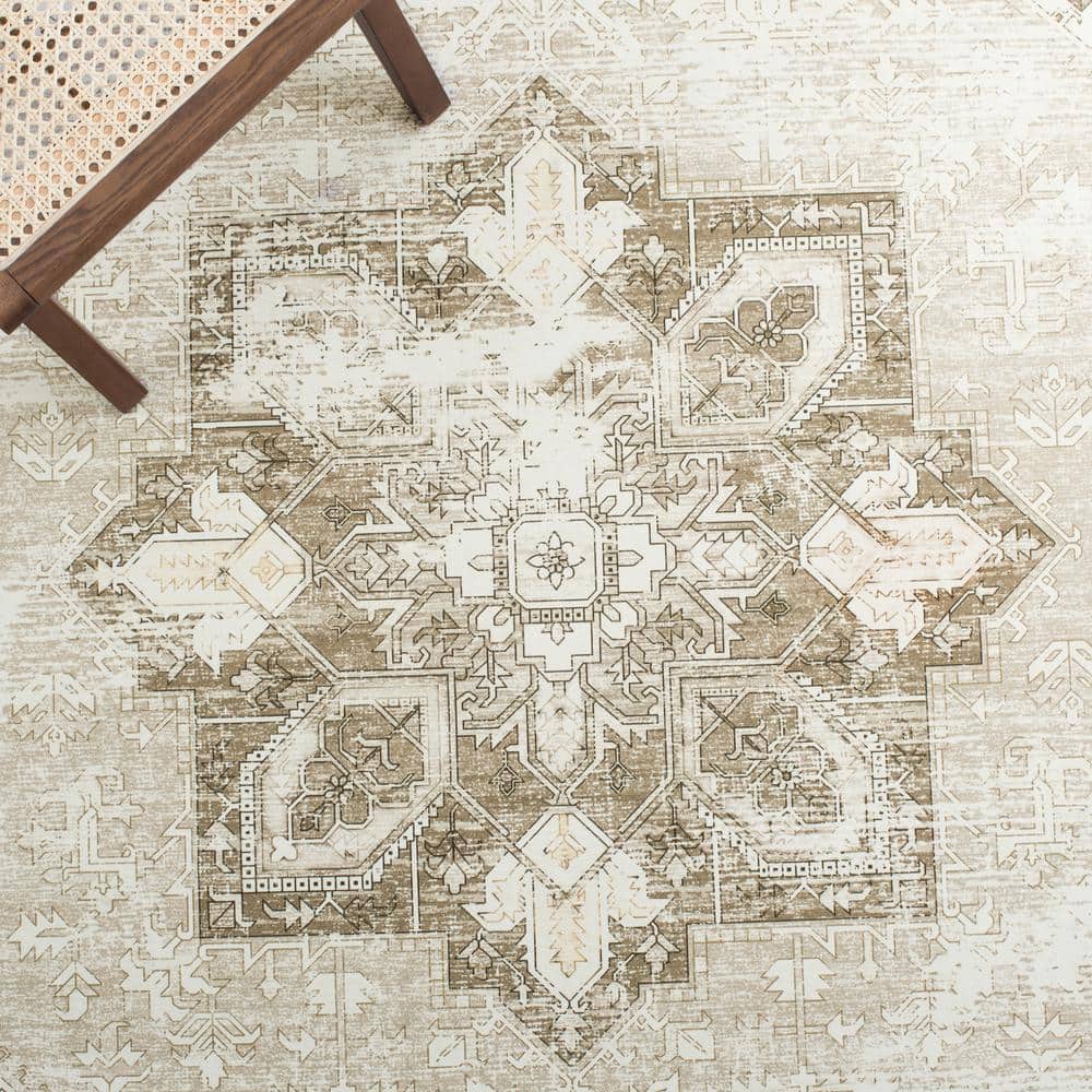 Ivory and Sage Square Washable Synthetic Area Rug
