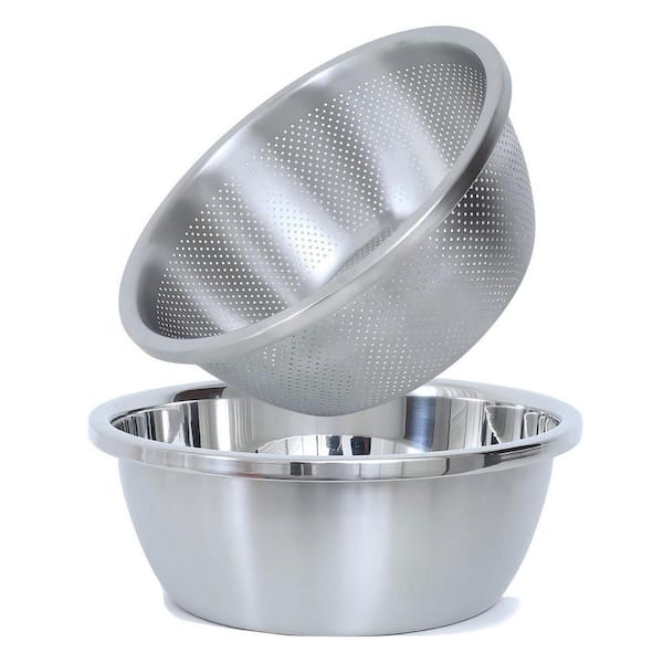 2-Piece Stainless Steel Microporous Colander, Large Capacity Set with Mixing Bowl for Washing Vegetables, Fruit