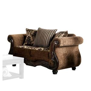 73 in. Brown Solid Print Fabric 2-Seater Loveseat with Damask Pattern and Rolled Arms