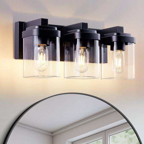 15.8 in. 3-Light Black Square Bathroom Vanity Light Fixtures Over Mirror with Rectangle Backplate, No Bulb