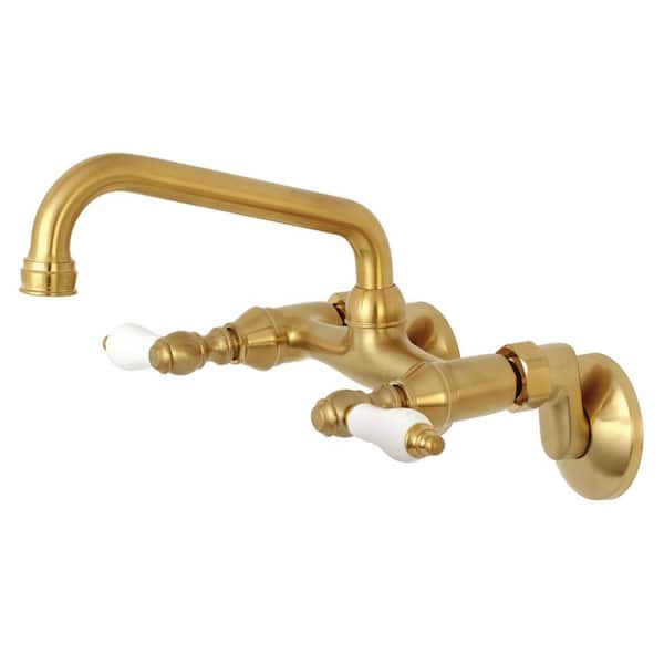Adjustable Center Porcelain 2-Handle Wall-Mount Standard Kitchen Faucet in Brushed Brass