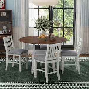 5-Piece Espresso Wood Counter Height Dining Table Set Seats 4 with 4-Folding Leaves 4-White and Gray Upholstered Chairs