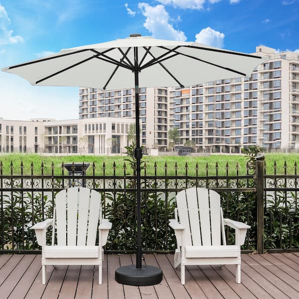 Marina White 9 ft. Market Solar Powered LED Lighted Tilt Patio Crank Umbrella