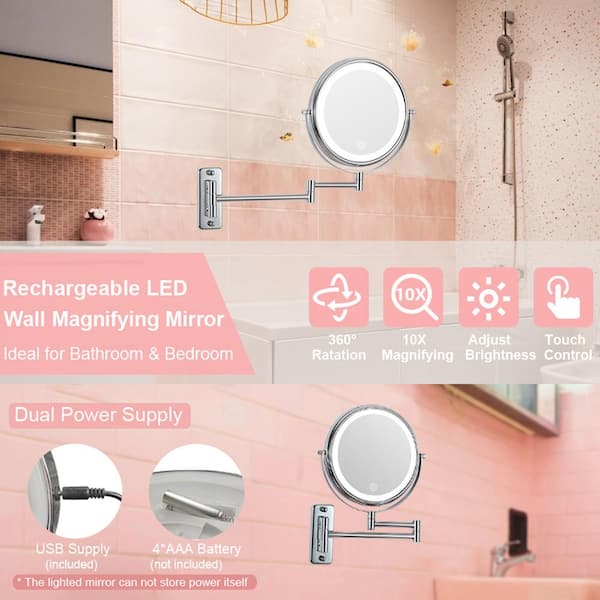 8 in. W x 8 in. H Lighted 1X/10X Magnifying Mirror Wall-Mount Bathroom Makeup Mirror in Chrome (Battery/USB Powered)