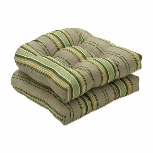 Pillow Perfect Striped 19 in. x 19 in. Outdoor Dining Chair Cushion in Green/Natural/Yellow (Set of 2)