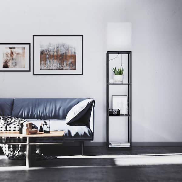 63 in. Black Floor Lamp with Shelves, 3-Color Temp Bulb Included, Column Floor Lamp for Living Room with Linen Shade