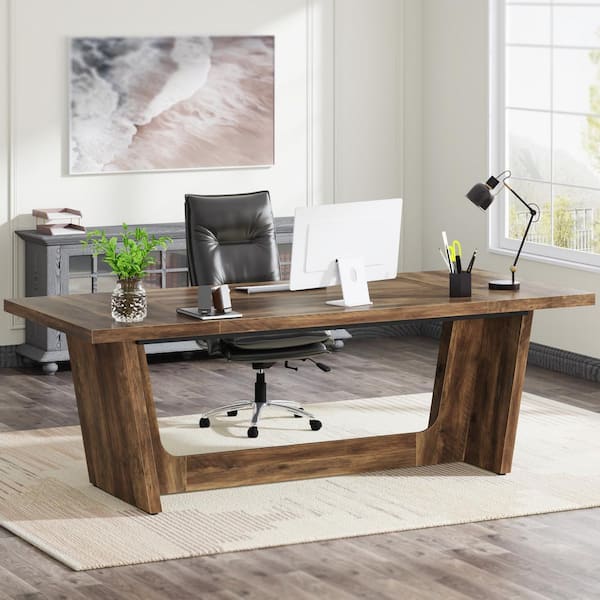 デスク BYBLIGHT 70.87 in. Rectangular Dark Brown Wood Desk with Solid