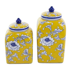 Yellow Ceramic Floral Decorative Jars with Blue and White Accents (Set of 2)