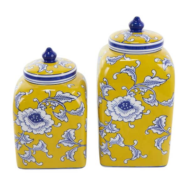Litton Lane Yellow Ceramic Floral Decorative Jars with Blue and White Accents (Set of 2)