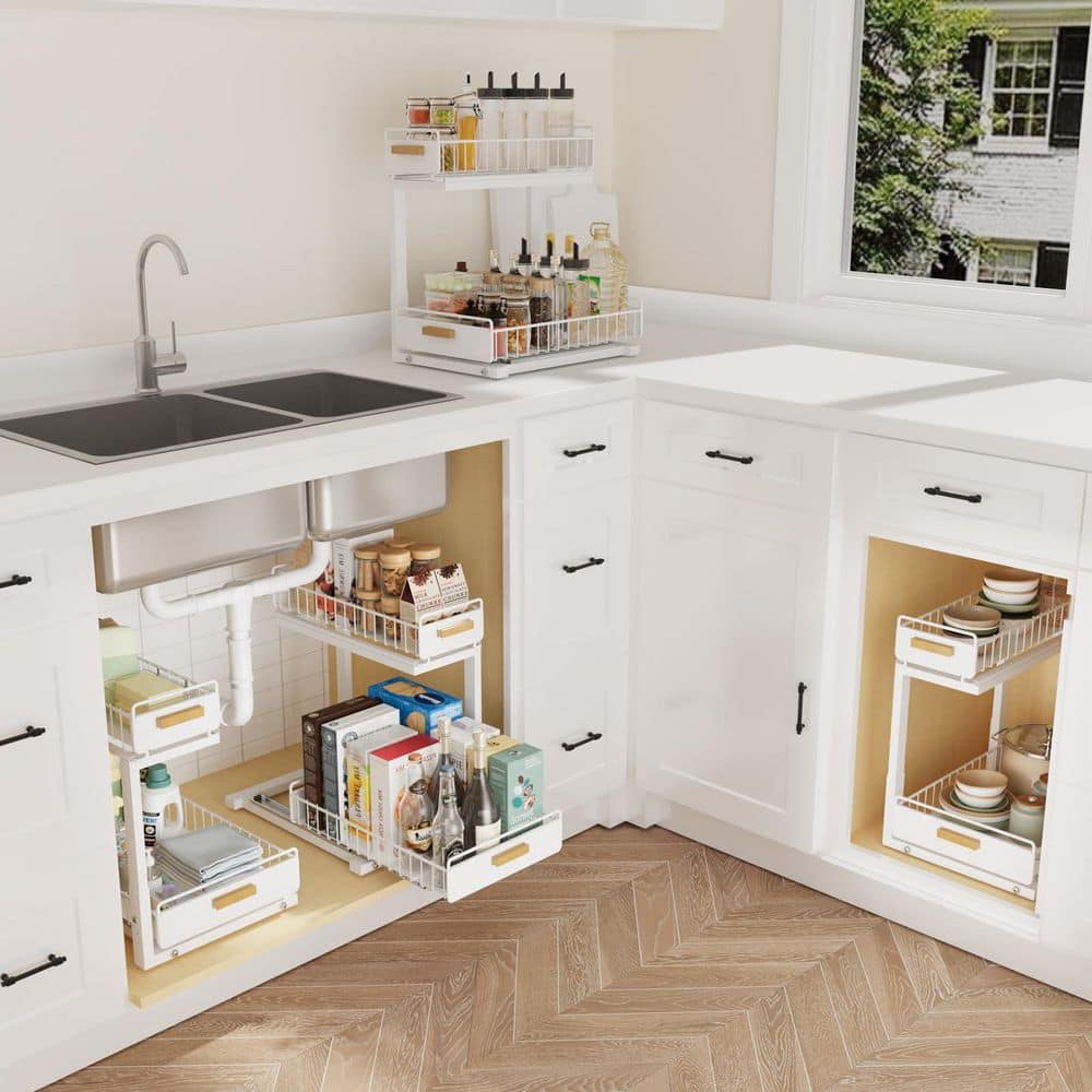 2 Pack Under Sink Sliding Drawer Organizer Ball Bearing Pull Out Cabinet Adjustable 2 Tier Rack White price history on PriceWatchPro