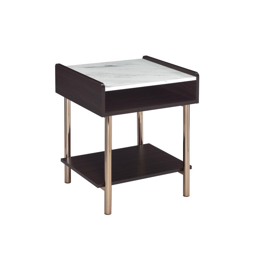 Walnut and White Marble Top End Table with Storage