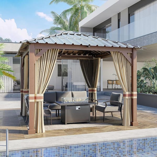 Halmuz 10 ft. x 10 ft. Brown Imitation Wooden Imitation Hardtop Gazebo