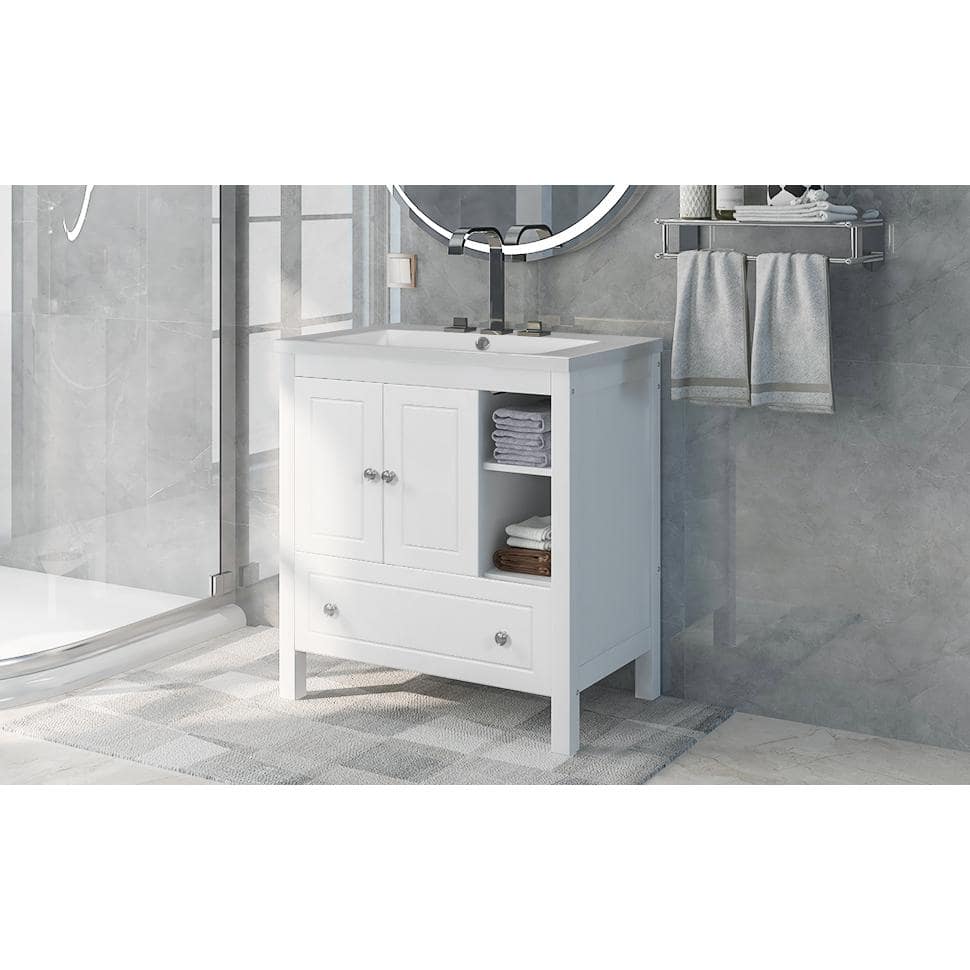 White MDF Freestanding Single Bathroom Vanity with Ceramic Top