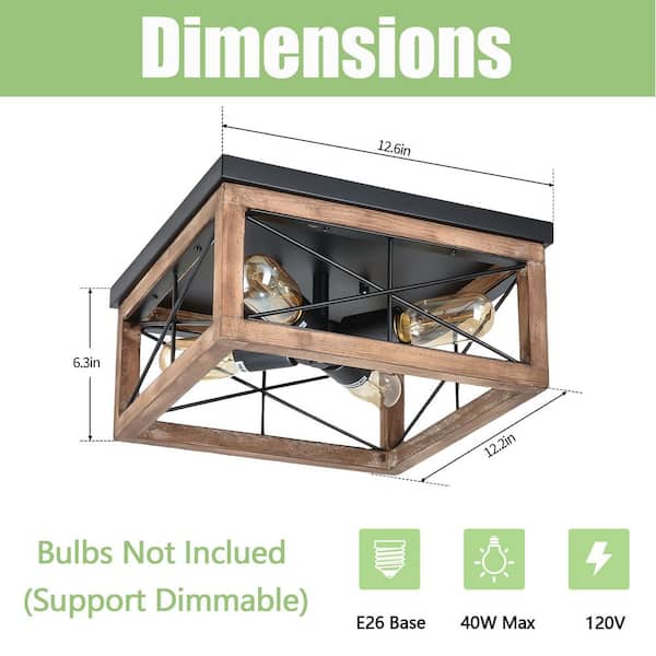 12.6 in. 4-Light Wood Farmhouse Flush Mount Ceiling Light with Cage Shade and No Bulbs Included