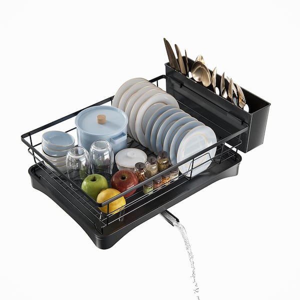 PRIMEPLUS 11.8 in. D x 16.7in. W x 5.7in. H Large Black Carbon Steel Dish Drying Rack for Kitchen