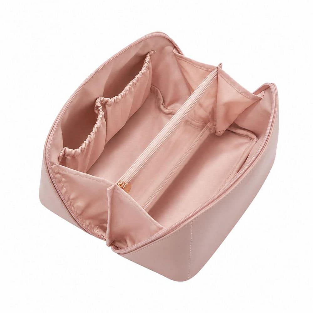 Travel Makeup Bag in AC-Pink, Large Capacity Cosmetic Bag, Waterproof PU Leather, Flat Open Portable Toiletry Bag