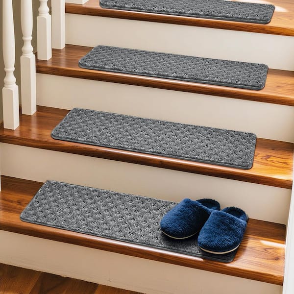 Mini Diamond Trellis Gray 8 in. x 30 in. Carpet Stair Tread Cover Protector Low Pile Indoor Mat Rug Tape Free Set of 12