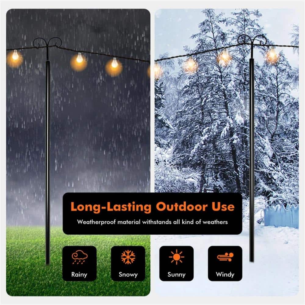 Black Steel Outdoor String Light Poles with Arc Hook and 5-Prong Base - 10 ft
