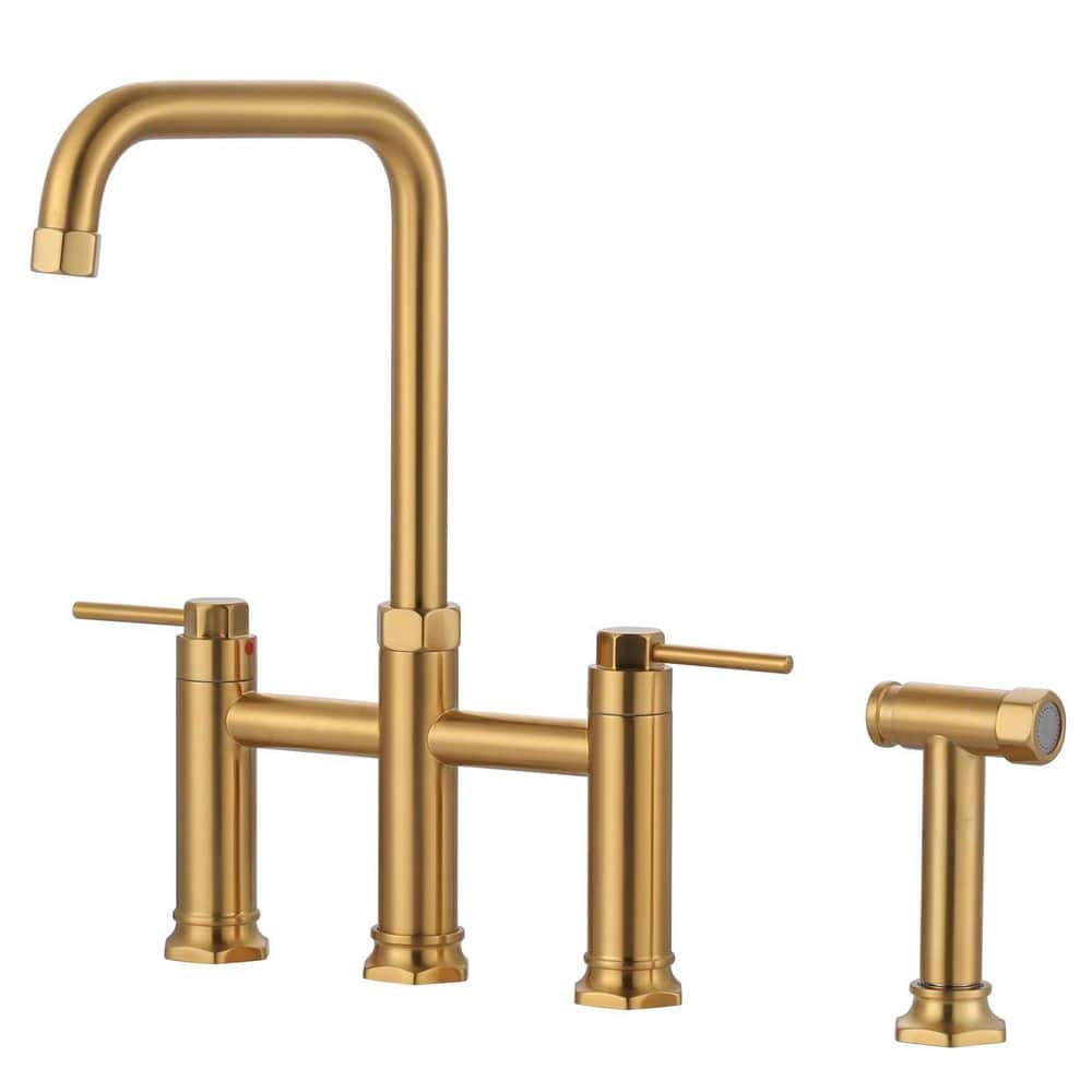 WOWOW Brass Double Handle Bridge Kitchen Faucet with Side Sprayer