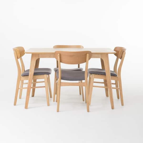 Noble House Lucious 5-Piece Dark Grey Fabric and Natural Oak 50 in. Rectangular Dining Set