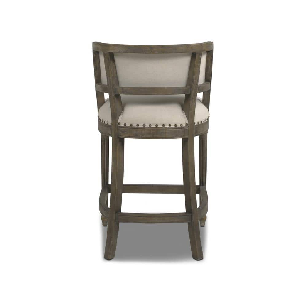 Elegant Light Beige Leather-Wrapped Bar Stool with Brass Accents