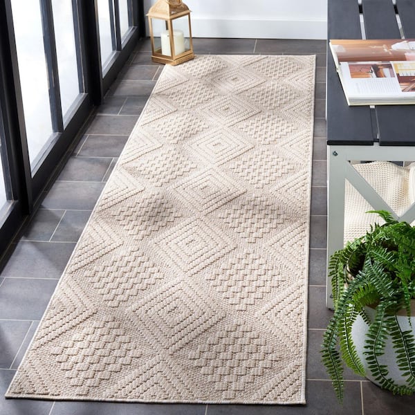 Global 2 ft. x 8 ft. Beige/Ivory High-Low Geometric Diamond Runner Rug