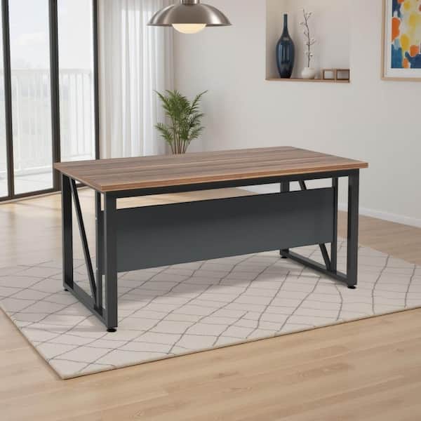 Tibe 55.12 in. Rectangular Brown and Black MDF and Metal Computer Desk