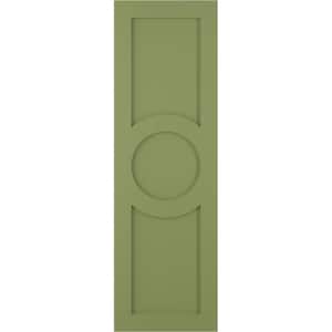 True Fit 12 in. x 52 in. PVC Center Circle Arts and Crafts Fixed Mount Flat Panel Shutters Pair in Moss Green