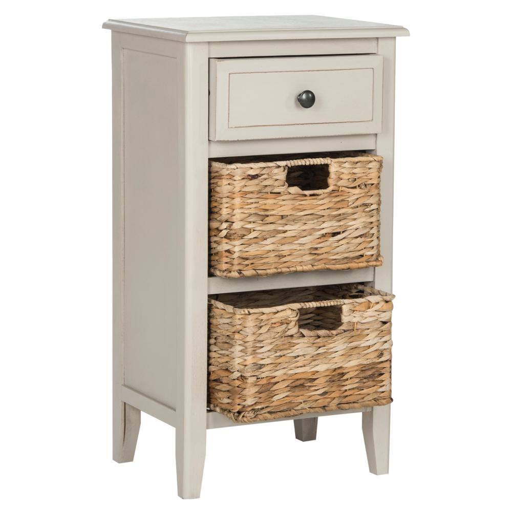 Everly Coastal Cottage Vintage Grey Pine Side Table with Baskets