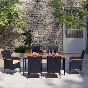 Denison Black 7-Piece Wicker Outdoor Dining Set with Beige Cushions