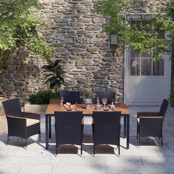 OVE Decors Denison Black 7-Piece Wicker Outdoor Dining Set with Beige Cushions