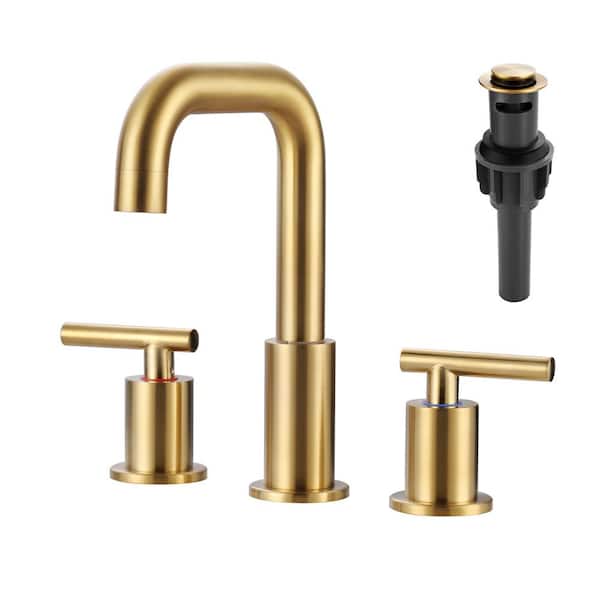 ALEASHA 8 in. Widespread Double Handle High Arc Bathroom Faucet with Drain Kit in Gold