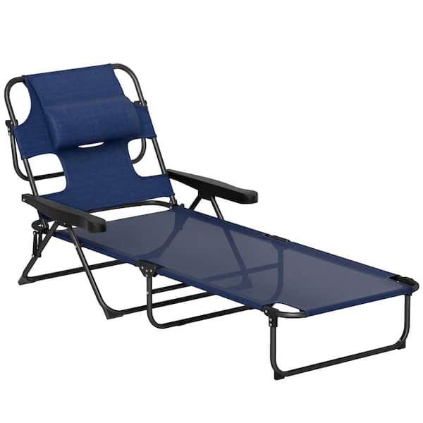 Outdoor Lounge Chair, 4-Position Beach Chair with Face Arm Holes, Pillow headrest, Sunbathing Chair (Set of 1) Navy Blue