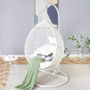 47 in. W White Wicker Patio Swing with Brown Cushion For Patio Balcony, Backyard, Bedroom