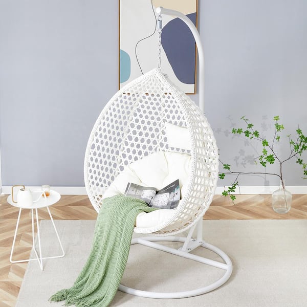 47 in. W White Wicker Patio Swing with Brown Cushion For Patio Balcony, Backyard, Bedroom
