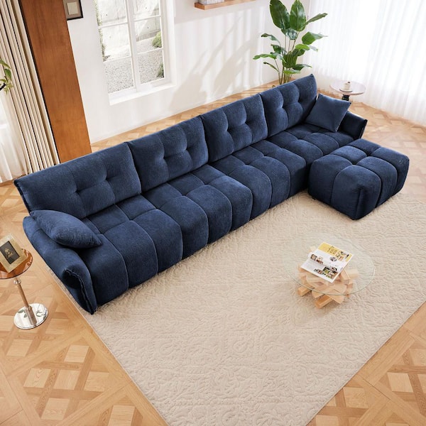 aisword 141.7 in. Premium High-Resilience Cushions Chenille Modular Sectional Sofa in Blue with Ottoman, Solid Wood Frame