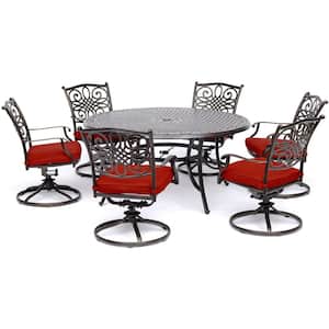 Seasons 7-Piece Metal Outdoor Dining Set in Red with Cushions, Round Cast-top Table and Six Swivel Rockers