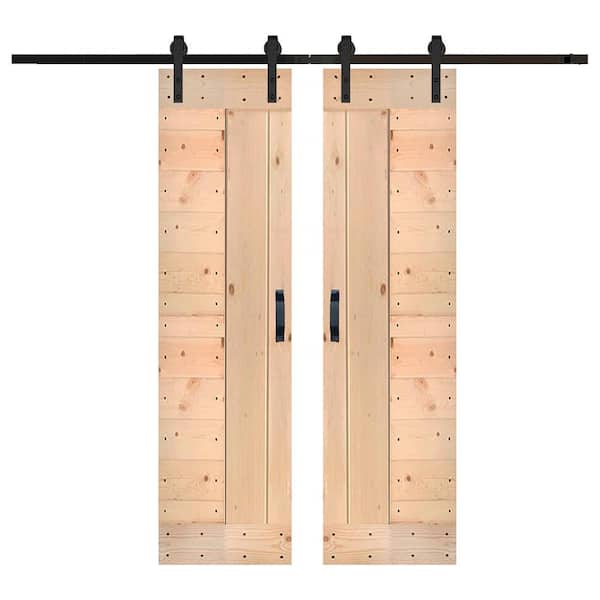 ISLIFE L Series 48 in. x 84 in. Unfinished Solid Wood Double Sliding Barn Door with Hardware Kit - Assembly Needed