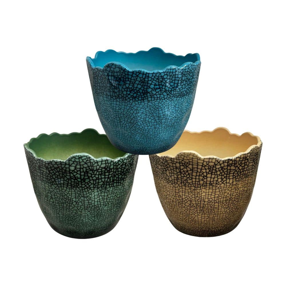 Modern Glazed 6in Yellow/ Blue/ Green Polystone Planter Indoor Outdoor Plas