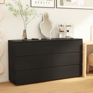 Black 6-Drawers 59 in. W Wooden Dresser without Mirror, Chest of Drawers, Storage Sideboard