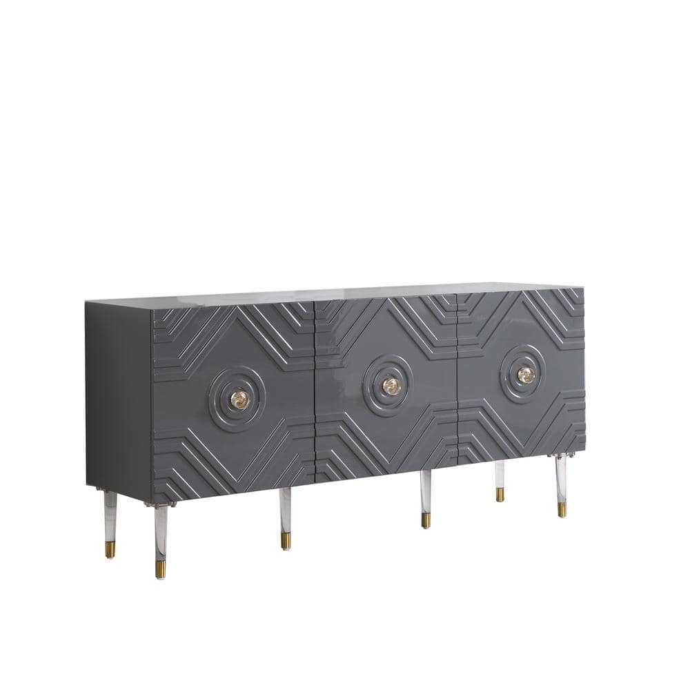 Gray High Gloss Sideboard with Gold Accents and Acrylic Legs
