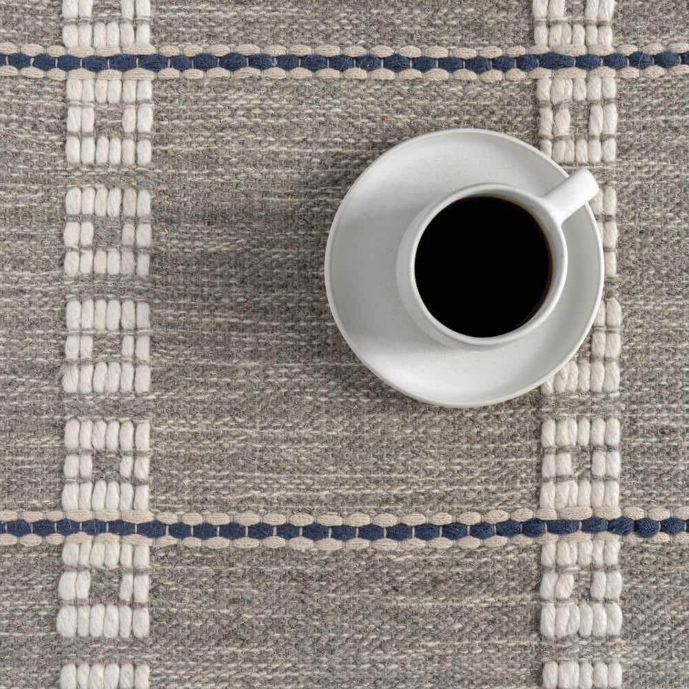 Morgan Gray and White Wool Geometric Check Area Rug, 5' x 8'